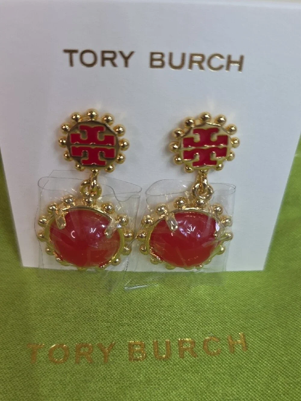 Tory Burch Gold Tone Earrings with Red Enamel and Red Drops